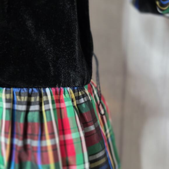 VTG 80s Lanz Originals Velvet & Tartan Christmas Dress Puff Sleeves, sz Small - Picture 3 of 7